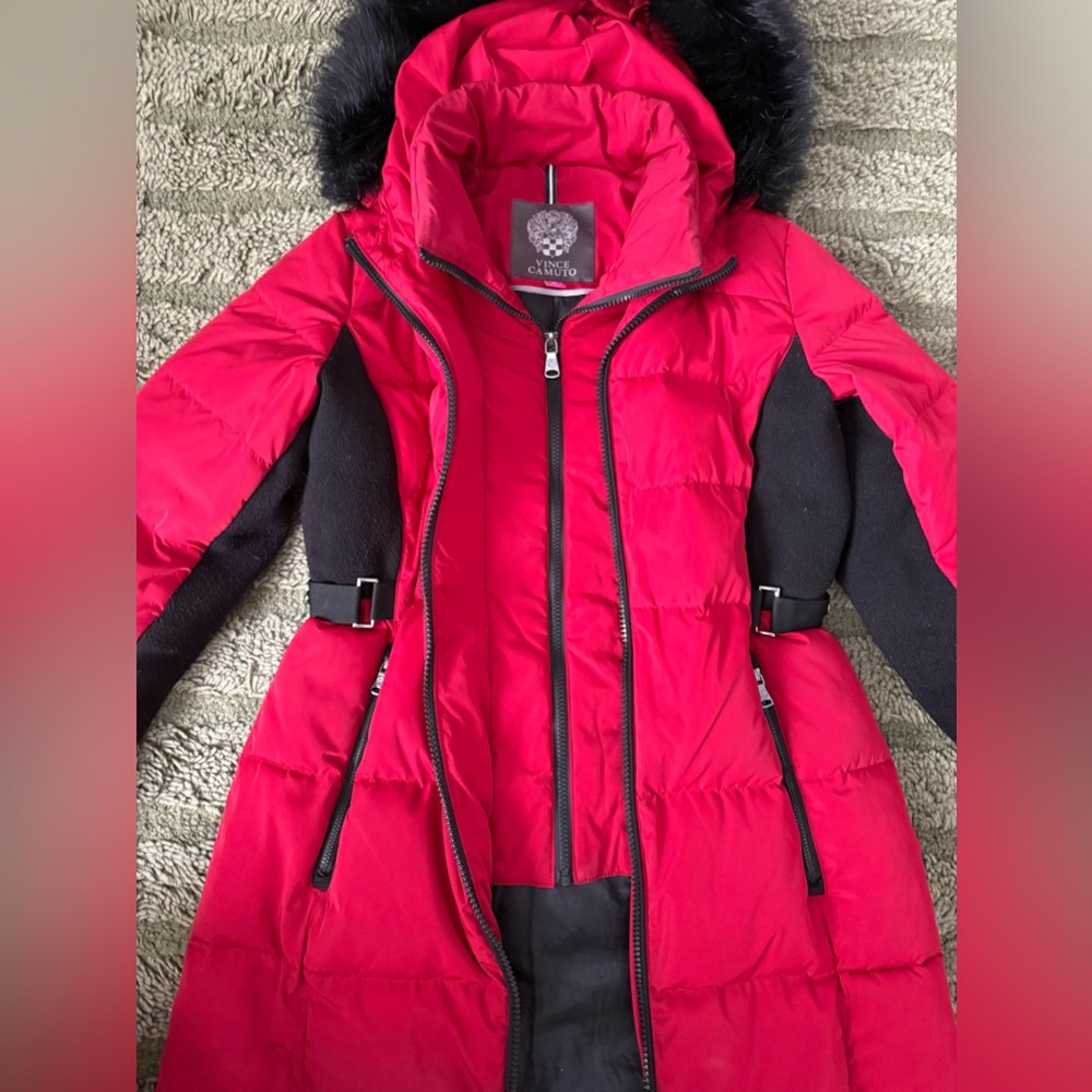 Vince Camuto Red Down & Feather Puffer Coat with Faux Fur Hood - Picture 3 of 8